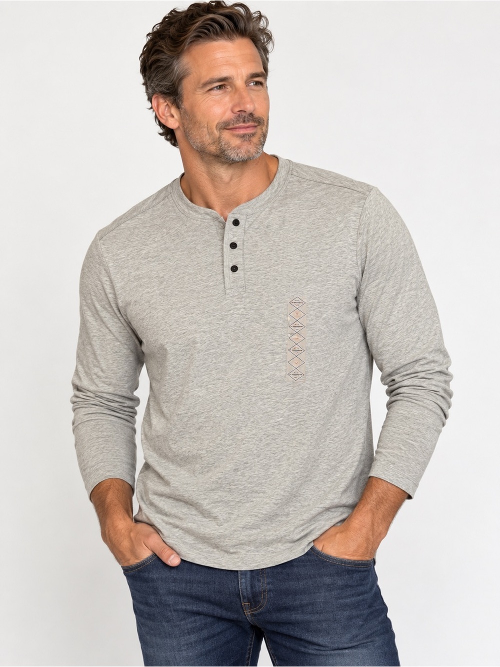 St John's Bay Men's Long Sleeve Henley Shirt in Light Gray- NWT